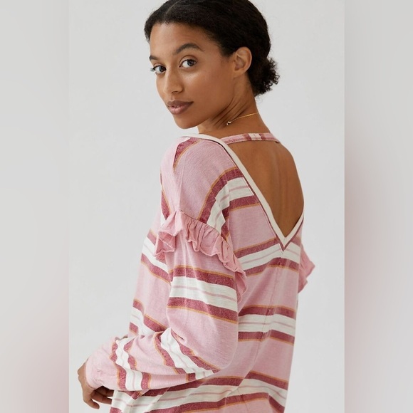 Anthropologie Pilcro Ruffled Open Back Top M pink stripe long sleeve t-shirt - Picture 1 of 13